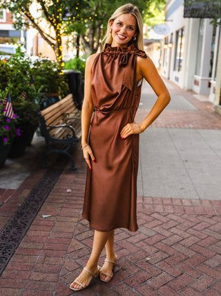 Brown polka dot ruffle detail midi dress