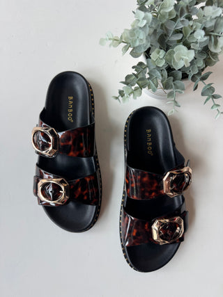 Tortoise double buckle slip on sandal