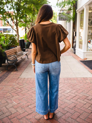 Brown puff short sleeve swing top