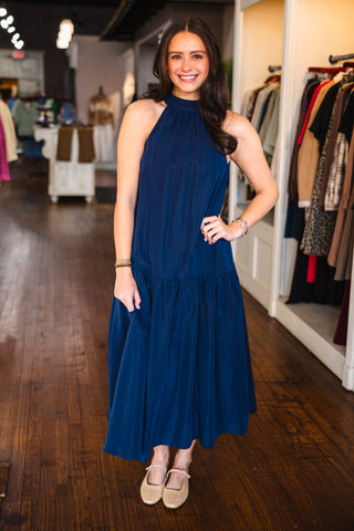 Navy halter neck midi dress