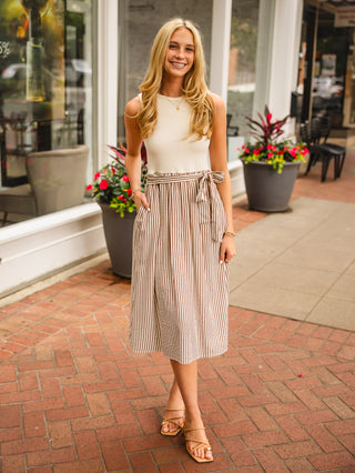 Taupe combo stripe midi dress