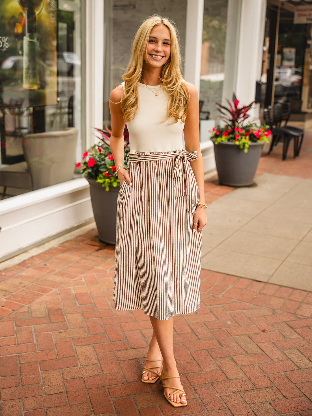 knee length dresses for ladies Striped Combo Midi Dress with Waist Tie - She + Sky main image 0