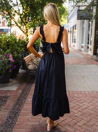 Black ruffle strap, tie back midi dress
