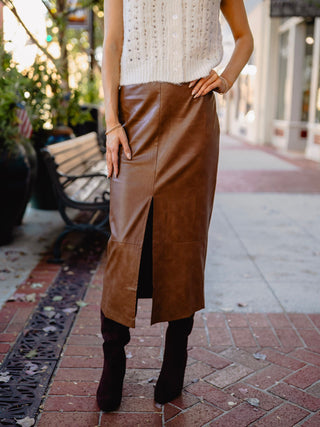 Brown faux leather midi skirt