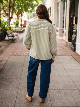 Olive striped LS button down top