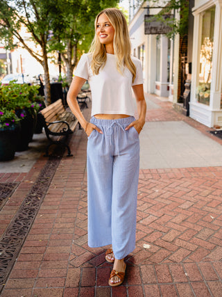 Navy pin stripe drawstring pants
