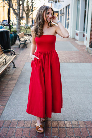 Red strapless midi dress
