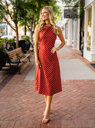 Rust polka dot midi dress