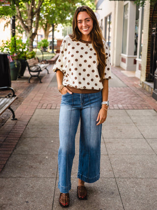Beige & brown polka dot bubble sleeve pullover
