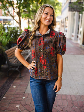 Floral Pintuck Puff-Sleeve Blouse
