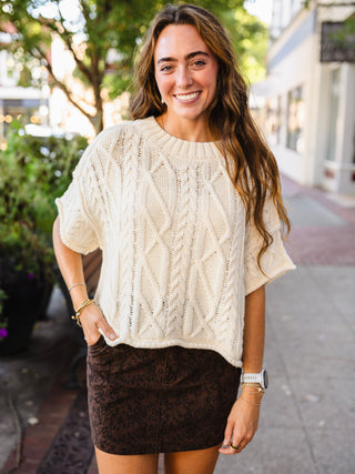 Drop shoulder cable knit sweater