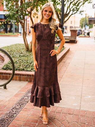 Dark brown jacquard midi dress