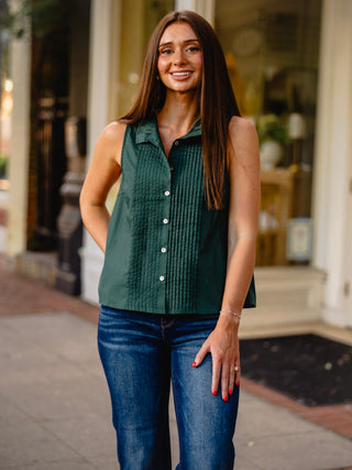 Hunter green pintuck button down top