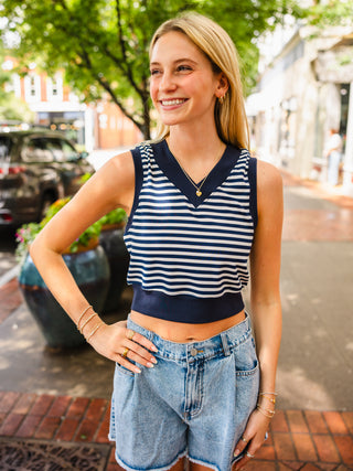 Navy & White Stripe Sleeveless Crop Top