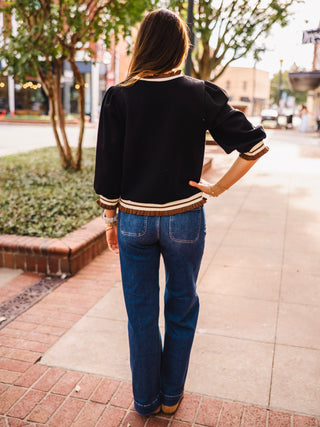 Black LS ruffle & stripe trim top