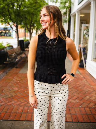 Black Sleeveless Open Knit Peplum Sweater Top