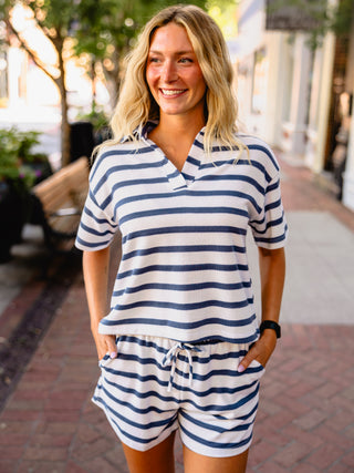 White & blue striped shorts