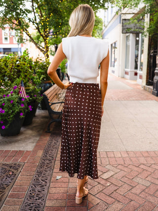 Brown polka dot satin midi skirt