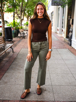 Funnel neck cap sleeve scrunch knit top