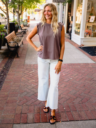 Mocha shoulder folded sleeve top