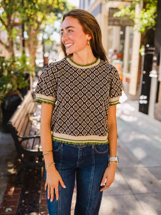 Chocolate print short ruffle trim top