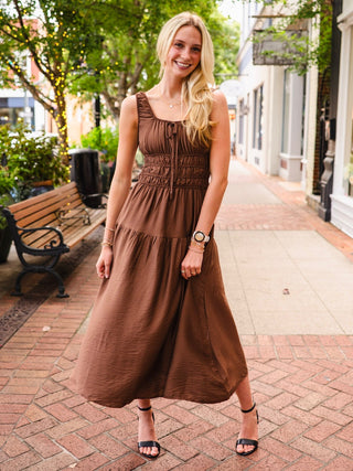 Dark Brown Shirred-Waist Tie-Front Midi Dress