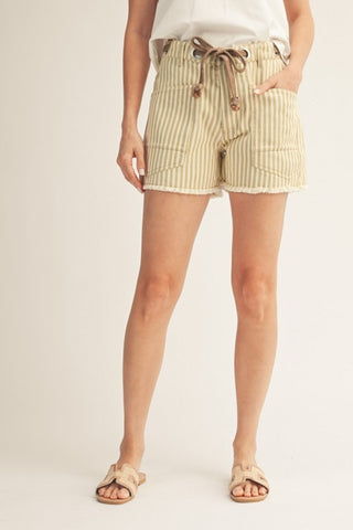 Braided belt, striped shorts