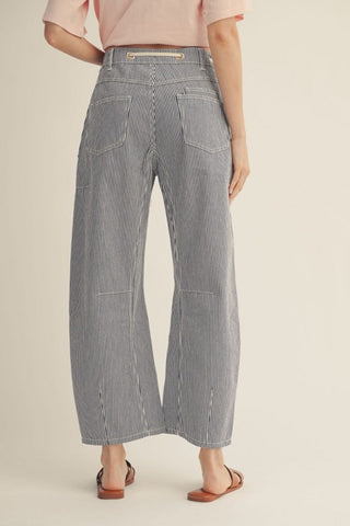 Drawstring waist stripe barrel pants
