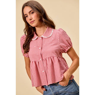 Check button front puff sleeve blouse