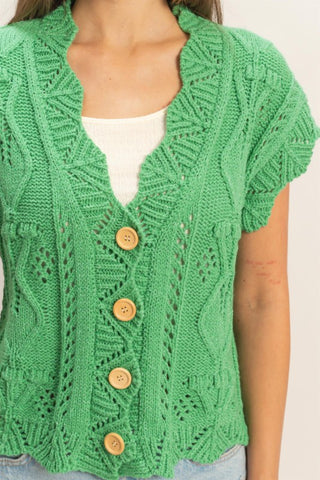 Button front, scallop trim crochet sweater