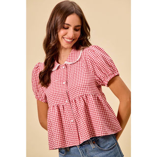 Check button front puff sleeve blouse