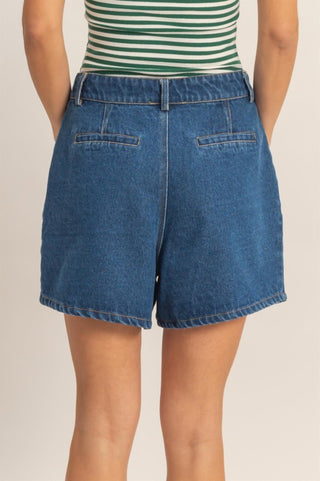 Denim blue pleated shorts