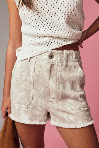 Camo Print Washed Denim Shorts