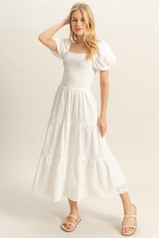 White puff sleeve eyelet midi dress