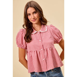 Check button front puff sleeve blouse