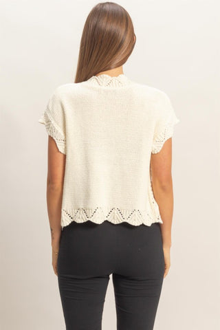 Button front, scallop trim crochet sweater