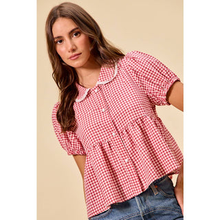 Check button front puff sleeve blouse
