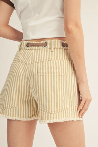 Braided belt, striped shorts