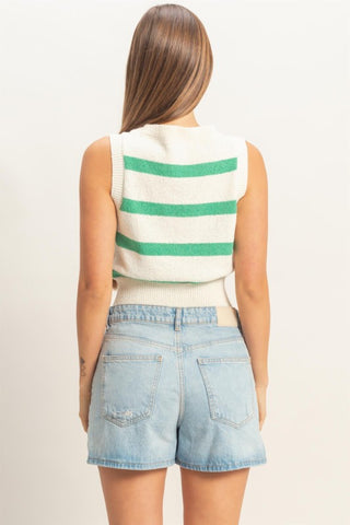 Green Stripe Sleeveless V-Neck Sweater