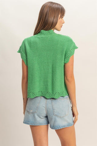 Button front, scallop trim crochet sweater