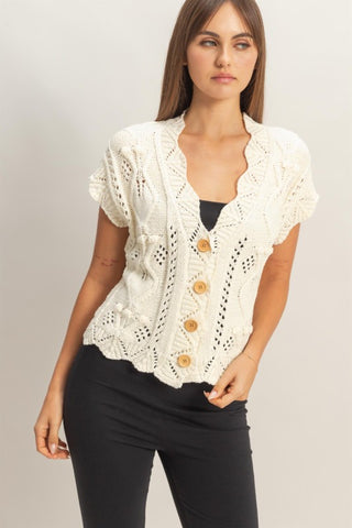 Button front, scallop trim crochet sweater