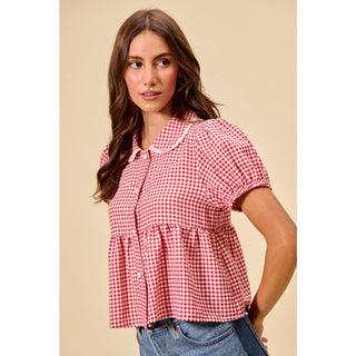 Check button front puff sleeve blouse